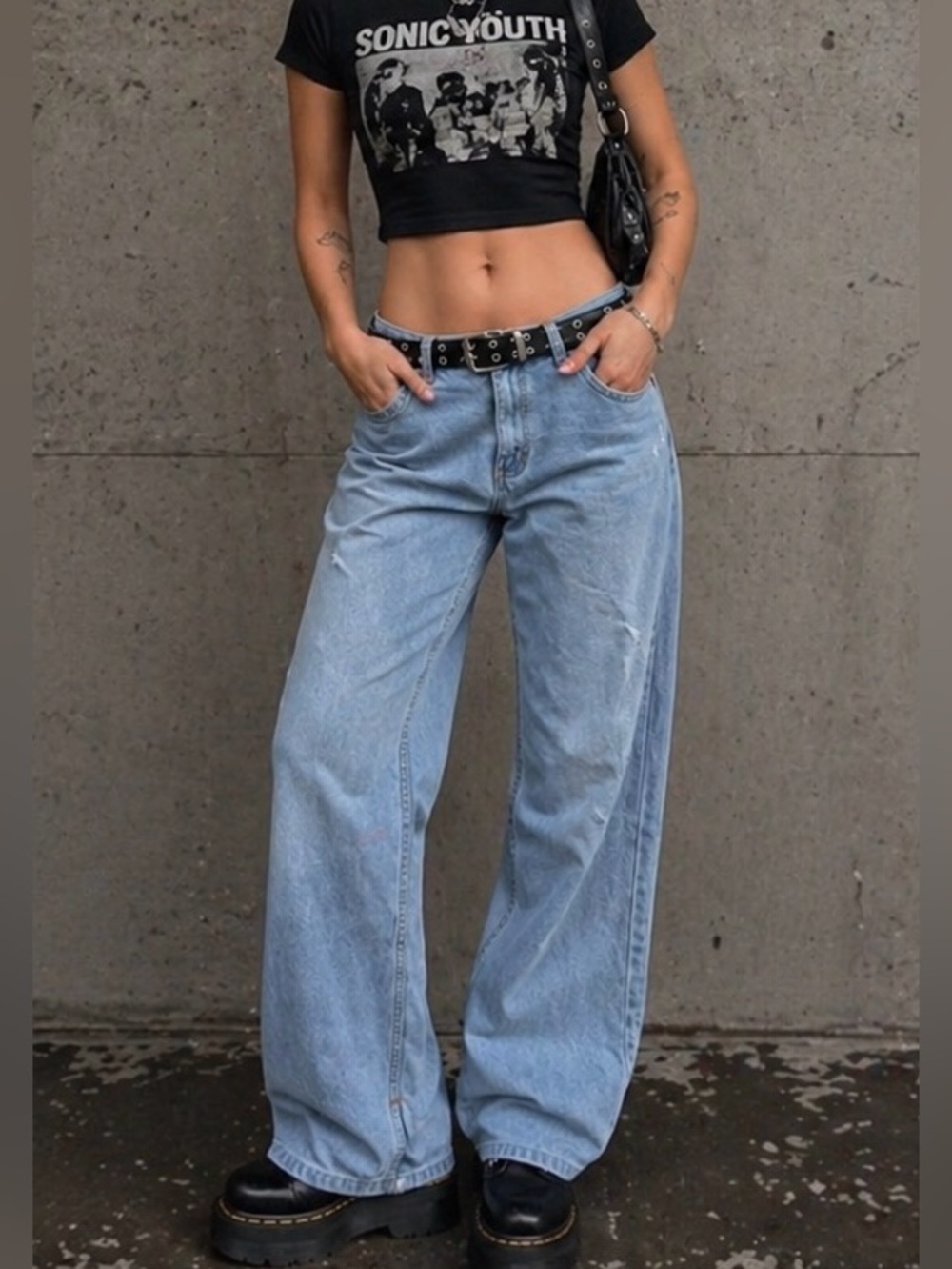 Avec Les Filles Distressed Light Wash Straight Leg Jeans High Rise Vintage Denim
